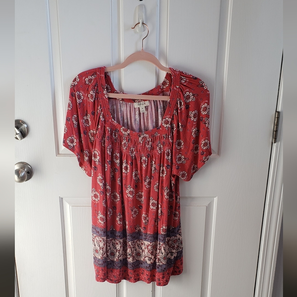 Style and Co top. Red and blue with floral print square neck size 2x